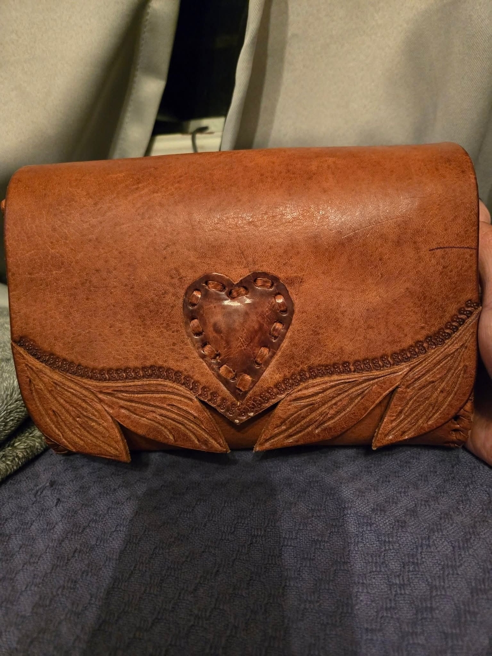 Handtooled Brown Leather Crossbody Bag with Heart Detail